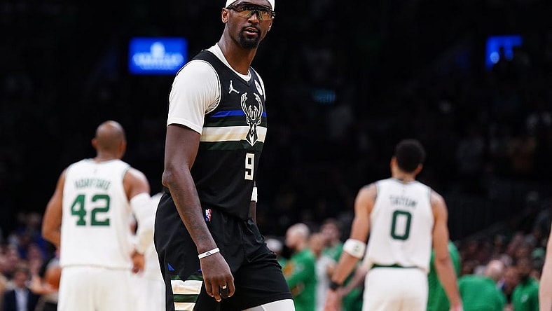 May 11, 2022; Boston, Massachusetts, USA; Milwaukee Bucks center Bobby Portis (9) reacts to the crowd as they take on the Boston Celtics in the second half during game five of the second round for the 2022 NBA playoffs at TD Garden. Mandatory Credit: David Butler II-USA TODAY Sports