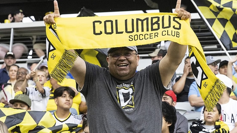 May 21, 2022; Columbus, Ohio, USA; A Columbus Crew fan celebrates supports his team prior to the match against Los Angeles FC at Lower.com. Field Mandatory Credit: Greg Bartram-USA TODAY Sports