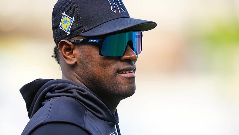 Apr 29, 2022; Kansas City, Missouri, USA; New York Yankees left fielder Miguel Andujar (41) before the game against the Kansas City Royals at Kauffman Stadium. Mandatory Credit: Jay Biggerstaff-USA TODAY Sports