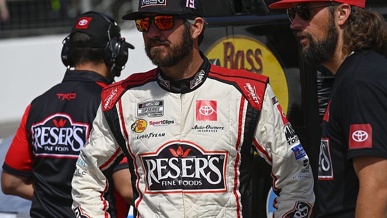 Jun 4, 2022; Madison, Illinois, USA; NASCAR Cup Series driver Martin Truex Jr. (19) looks on during Nascar Cup qualifying at World Wide Technology Raceway at Gateway. Mandatory Credit: Joe Puetz-USA TODAY Sports