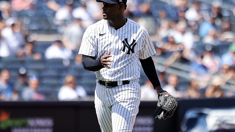 Jun 4, 2022; Bronx, New York, USA; New York Yankees starting pitcher Luis Severino (40) reacts to a strikeout to end the sixth inning against the Detroit Tigers at Yankee Stadium. Mandatory Credit: Jessica Alcheh-USA TODAY Sports