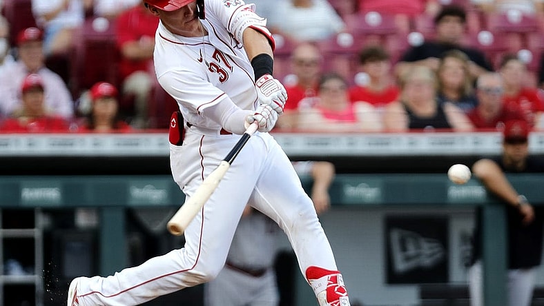 Jun 7, 2022; Cincinnati, Ohio, USA; Cincinnati Reds catcher Tyler Stephenson (37) hits an RBI single against the Arizona Diamondbacks during the second inning at Great American Ball Park. Mandatory Credit: David Kohl-USA TODAY Sports