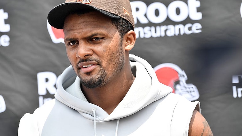 Jun 14, 2022; Cleveland, Ohio, USA; Cleveland Browns quarterback Deshaun Watson talks to the media after minicamp at CrossCountry Mortgage Campus. Mandatory Credit: Ken Blaze-USA TODAY Sports