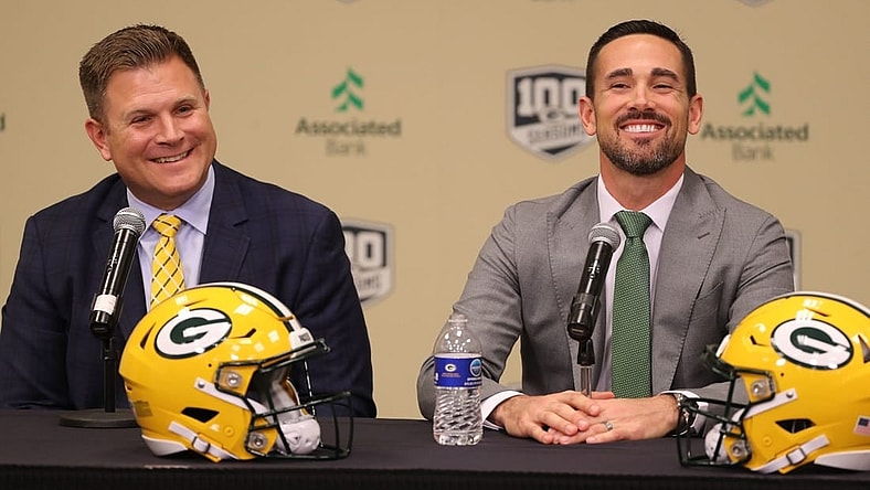 Green Bay Packers general manager Brian Gutekunst (left) laughs with new Packers head coach Matt LaFleur at his introductory press conference in the Lambeau Field media auditorium.

Green Bay Packers general manager Brian Gutekunst (left) laughs with new Packers head coach Matt LaFleur at his introductory press conference in the Lambeau Field media auditorium..

LAFLUER
