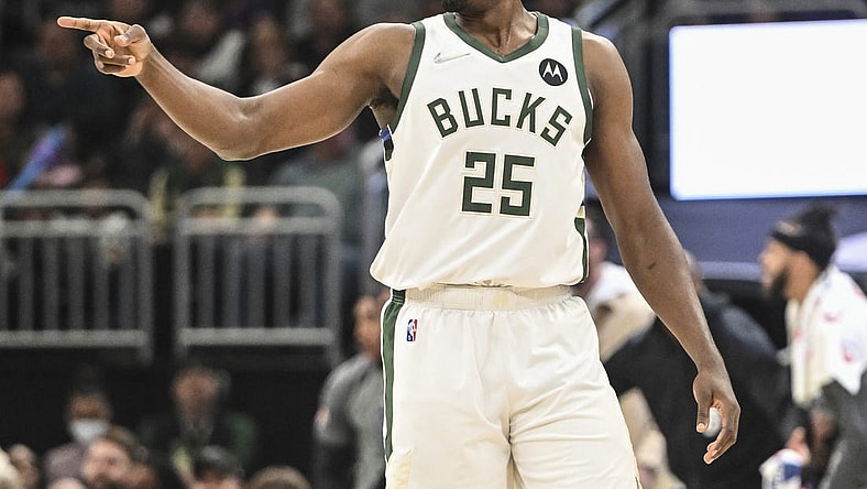 Mar 6, 2022; Milwaukee, Wisconsin, USA; Milwaukee Bucks center Serge Ibaka (25) reacts in the second quarter during the game against the Phoenix Suns at Fiserv Forum. Mandatory Credit: Benny Sieu-USA TODAY Sports