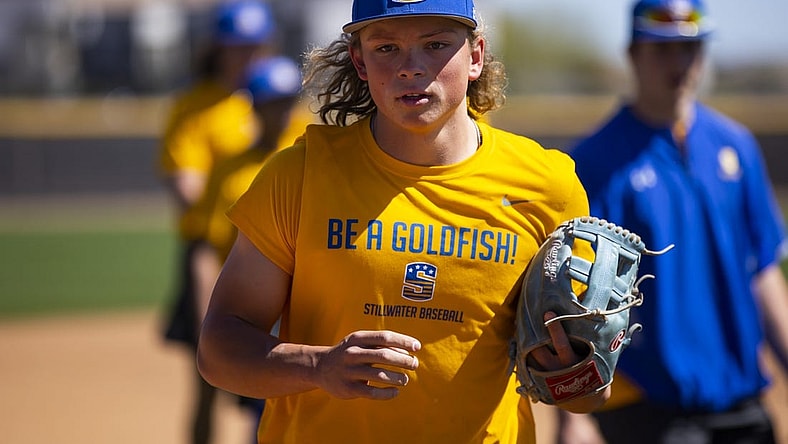 Mar 15, 2022; Peoria, AZ, USA; Stillwater High School shortstop Jackson Holliday during a team practice at the San Diego Padres Spring Training Complex. Mandatory Credit: Mark J. Rebilas-USA TODAY Sports
