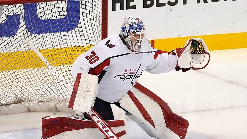 May 11, 2022; Sunrise, Florida, USA; Washington Capitals goaltender Ilya Samsonov (30) warms up prior to game five of the first round of the 2022 Stanley Cup Playoffs against the Florida Panthers at FLA Live Arena. Mandatory Credit: Jasen Vinlove-USA TODAY Sports