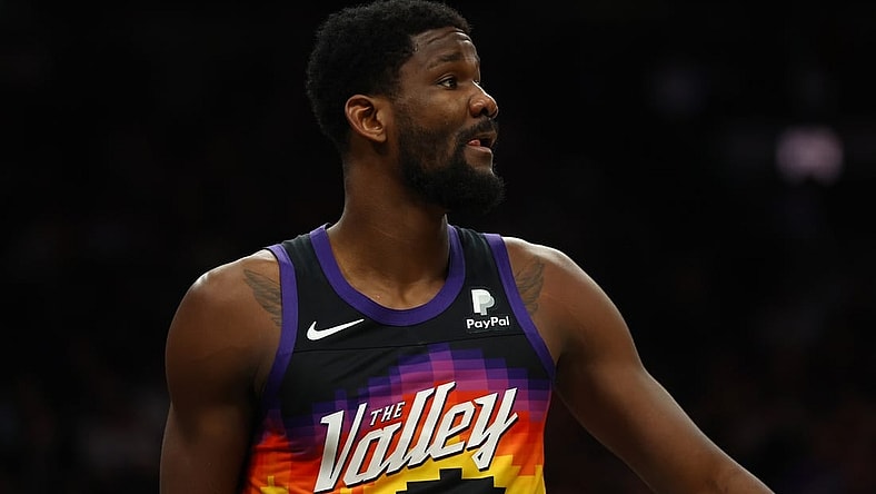 May 15, 2022; Phoenix, Arizona, USA; Phoenix Suns center Deandre Ayton (22) against the Dallas Mavericks in game seven of the second round for the 2022 NBA playoffs at Footprint Center. Mandatory Credit: Mark J. Rebilas-USA TODAY Sports