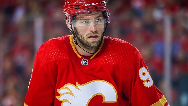 May 15, 2022; Calgary, Alberta, CAN; Calgary Flames center Calle Jarnkrok (91) during the face off against the Dallas Stars during the third period in game seven of the first round of the 2022 Stanley Cup Playoffs at Scotiabank Saddledome. Mandatory Credit: Sergei Belski-USA TODAY Sports