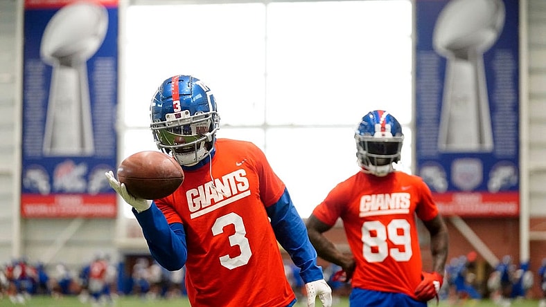 New York Giants wide receiver Sterling Shepard (3) makes one-handed catches as Kadarius Toney (89) looks on during organized team activities (OTAs) at the training center in East Rutherford on Thursday, May 19, 2022.

Nfl Ny Giants Practice