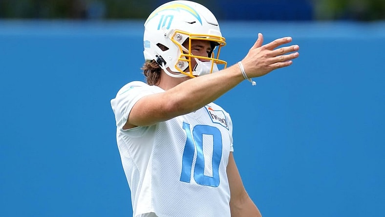 Jun 14, 2022; Costa Mesa, California, USA; Los Angeles Chargers quarterback Justin Herbert (10) during minicamp at the Hoag Performance Center. Mandatory Credit: Kirby Lee-USA TODAY Sports