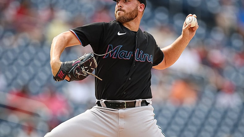 Jul 2, 2022; Washington, District of Columbia, USA; Miami Marlins starting pitcher Daniel Castano (20) pitches against the Washington Nationals during the first inning at Nationals Park. Mandatory Credit: Scott Taetsch-USA TODAY Sports
