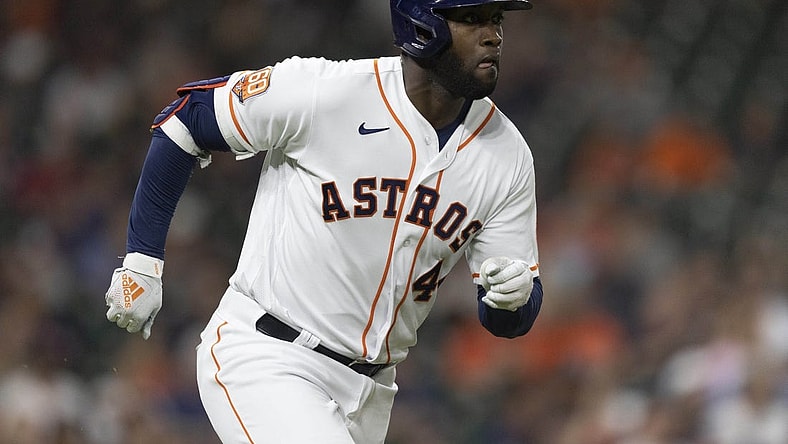 Jul 5, 2022; Houston, Texas, USA; Houston Astros left fielder Yordan Alvarez (44) hits a single against the Kansas City Royals in the fifth inning at Minute Maid Park. Mandatory Credit: Thomas Shea-USA TODAY Sports