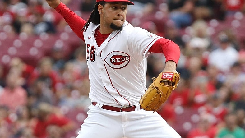 Jul 8, 2022; Cincinnati, Ohio, USA; Cincinnati Reds starting pitcher Luis Castillo (58) throws a pitch against the Tampa Bay Rays during the first inning at Great American Ball Park. Mandatory Credit: David Kohl-USA TODAY Sports