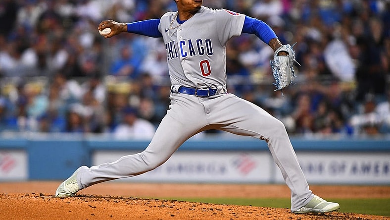 Jul 9, 2022; Los Angeles, California, USA; Chicago Cubs pitcher Marcus Stroman (0) pitches against the Los Angeles Dodgers during the fourth inning at Dodger Stadium. Mandatory Credit: Jonathan Hui-USA TODAY Sports