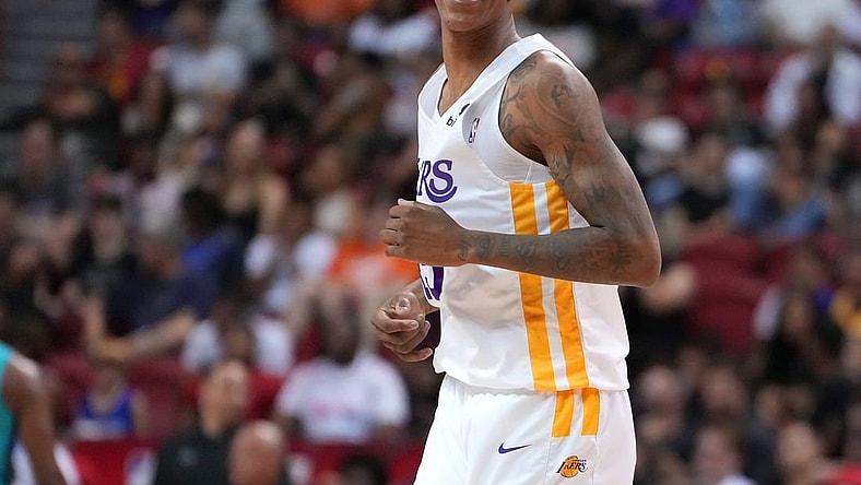 Jul 10, 2022; Las Vegas, NV, USA; Los Angeles Lakers forward Shareef O'Neal (45) reacts after a play during an NBA Summer League game against the Charlotte Hornets at Thomas & Mack Center. Mandatory Credit: Stephen R. Sylvanie-USA TODAY Sports