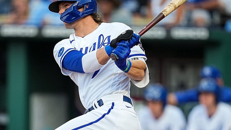 Jul 11, 2022; Kansas City, Missouri, USA; Kansas City Royals shortstop Bobby Witt Jr. (7) hits an RBI double against the Detroit Tigers during the first inning at Kauffman Stadium. Mandatory Credit: Jay Biggerstaff-USA TODAY Sports