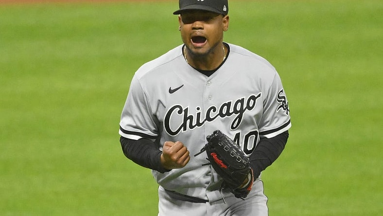 Jul 13, 2022; Cleveland, Ohio, USA; Chicago White Sox relief pitcher Reynaldo Lopez (40) reacts in the seventh inning against the Cleveland Guardians at Progressive Field. Mandatory Credit: David Richard-USA TODAY Sports