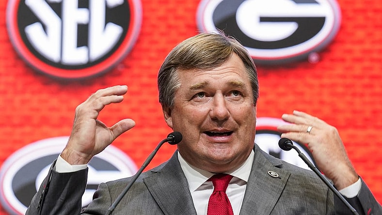 Jul 20, 2022; Atlanta, GA, USA; Georgia Bulldogs head coach Kirby Smart talks to the media during SEC Media Days at the College Football Hall of Fame. Mandatory Credit: Dale Zanine-USA TODAY Sports