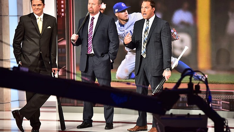 Mark DeRosa, right, a former major league player from Bergen County, now part of the Network's post-season broadcast team, tapes the MLB Tonight show, with broadcasters Greg Amsinger (L), and Sean Casey (center) in 10/12/16

Derosa Mg 11