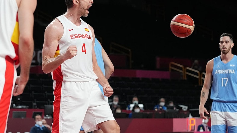 Jul 29, 2021; Saitama, Japan; Team Spain centre Pau Gasol (4) reacts in the third quarter against Argentina during the Tokyo 2020 Olympic Summer Games at Saitama Super Arena. Mandatory Credit: Kareem Elgazzar-USA TODAY Sports