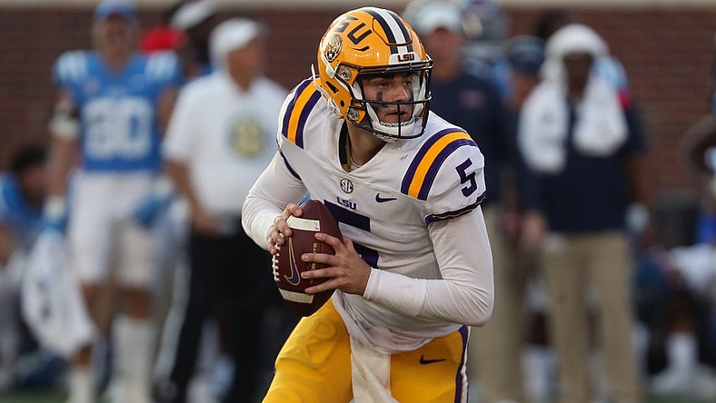 Oct 23, 2021; Oxford, Mississippi, USA; LSU Tigers quarterback Garrett Nussmeier (5) during the second half against the Mississippi Rebels at Vaught-Hemingway Stadium. Mandatory Credit: Petre Thomas-USA TODAY Sports