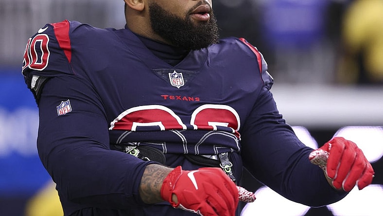 Dec 26, 2021; Houston, Texas, USA; Houston Texans defensive tackle Ross Blacklock (90) warms up before the game against the Los Angeles Chargers at NRG Stadium. Mandatory Credit: Troy Taormina-USA TODAY Sports