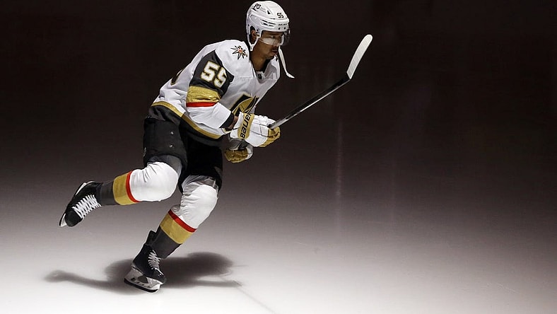 Mar 11, 2022; Pittsburgh, Pennsylvania, USA;  Vegas Golden Knights right wing Keegan Kolesar (55) takes the ice to warm up before the game against the Pittsburgh Penguins at PPG Paints Arena. Mandatory Credit: Charles LeClaire-USA TODAY Sports
