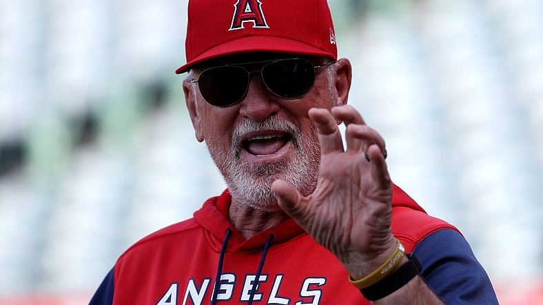 May 25, 2022; Anaheim, California, USA;  Los Angeles Angels manager Joe Maddon (70) on the field before the game against the Texas Rangers at Angel Stadium. Mandatory Credit: Kiyoshi Mio-USA TODAY Sports