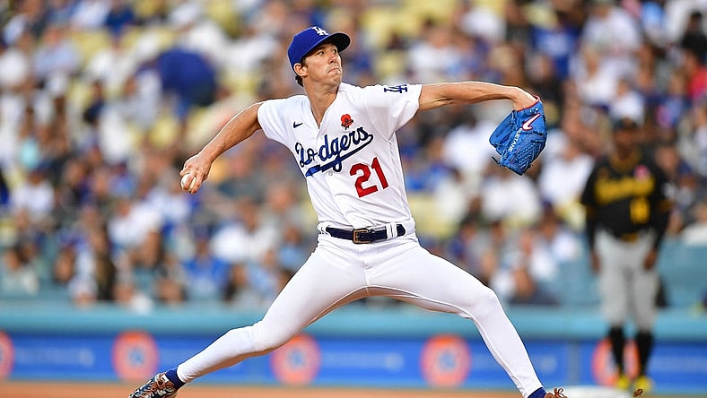 May 30, 2022; Los Angeles, California, USA; Los Angeles Dodgers starting pitcher Walker Buehler (21) throws against the Pittsburgh Pirates during the first inning at Dodger Stadium. Mandatory Credit: Gary A. Vasquez-USA TODAY Sports