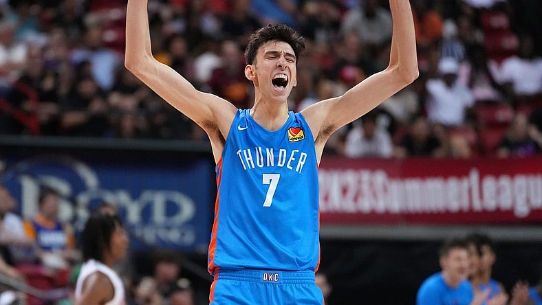 Jul 9, 2022; Las Vegas, NV, USA; Oklahoma City Thunder forward Chet Holmgren (7) reacts after a scoring play against the Houston Rockets during an NBA Summer League game at Thomas & Mack Center. Mandatory Credit: Stephen R. Sylvanie-USA TODAY Sports