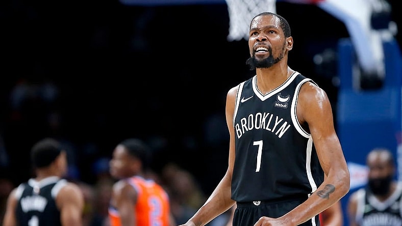 Nets forward Kevin Durant (7) reacts after a play against the Thunder during Brooklyn's 120-96 win on Nov. 14, 2021, at Paycom Center.
cutout
