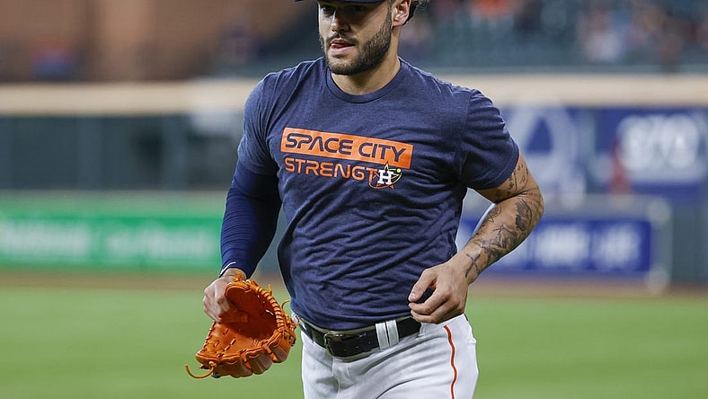 Jul 17, 2022; Houston, Texas, USA; Houston Astros pitcher Lance McCullers Jr. jogs on the field before the game against the Oakland Athletics at Minute Maid Park. Mandatory Credit: Troy Taormina-USA TODAY Sports