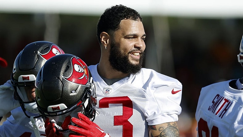 Jul 27, 2022; Tampa, FL, USA;  Tampa Bay Buccaneers wide receiver Mike Evans (13) smiles at Advent Health Training Complex. Mandatory Credit: Kim Klement-USA TODAY Sports