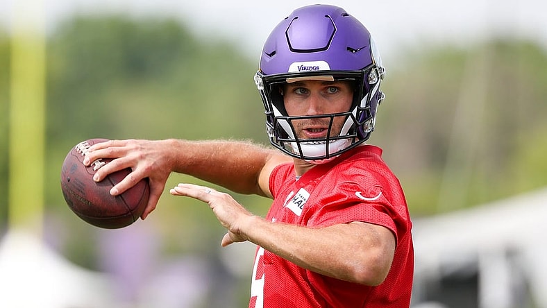 Jul 27, 2022; Eagan, MN, USA; Minnesota Vikings quarterback Kirk Cousins (8) throws at TCO Performance Center. Mandatory Credit: Matt Krohn-USA TODAY Sports