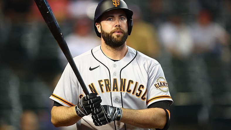 Jul 5, 2022; Phoenix, Arizona, USA; San Francisco Giants infielder Darin Ruf against the Arizona Diamondbacks at Chase Field. Mandatory Credit: Mark J. Rebilas-USA TODAY Sports