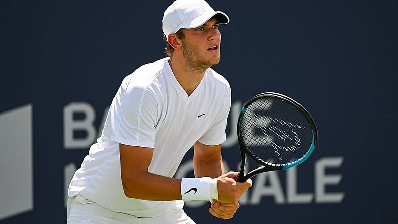 Aug 7, 2022; Montreal, Quebec, Canada; Jack Draper (GBR) waits for Quentin Halys (FRA) (not pictured) to serve the ball in second round qualifying play at IGA Stadium. Mandatory Credit: David Kirouac-USA TODAY Sports