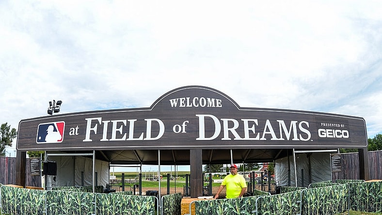 Aug 11, 2022; Dyersville, Iowa, USA; A general view of signs for the Field of Dreams game between the Cincinnati Reds and the Chicago Cubs at Field of Dreams. Mandatory Credit: Jeffrey Becker-USA TODAY Sports