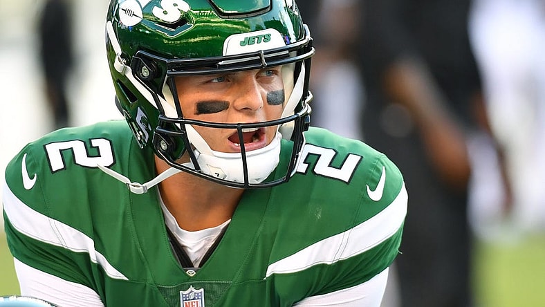 Aug 12, 2022; Philadelphia, Pennsylvania, USA; New York Jets quarterback Zach Wilson (2) during pregame warmups against the Philadelphia Eagles at Lincoln Financial Field. Mandatory Credit: Eric Hartline-USA TODAY Sports