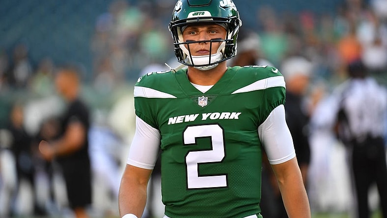 Aug 12, 2022; Philadelphia, Pennsylvania, USA; New York Jets quarterback Zach Wilson (2) during warmups against the Philadelphia Eagles at Lincoln Financial Field. Mandatory Credit: Eric Hartline-USA TODAY Sports
