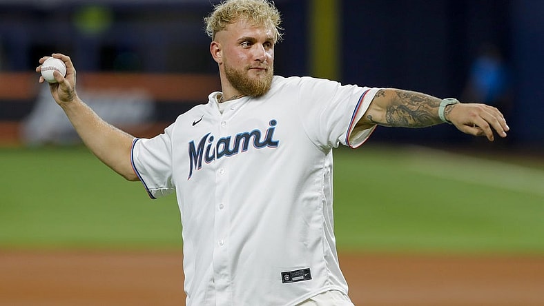Aug 16, 2022; Miami, Florida, USA; YouTube personality and boxer Jake Paul throws a ceremonial first pitch prior to the game between the Miami Marlins and the San Diego Padres at loanDepot Park. Mandatory Credit: Sam Navarro-USA TODAY Sports