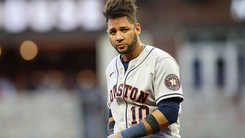 Aug 19, 2022; Atlanta, Georgia, USA; Houston Astros first baseman Yuli Gurriel (10) in action against the Atlanta Braves in the first inning at Truist Park. Mandatory Credit: Brett Davis-USA TODAY Sports