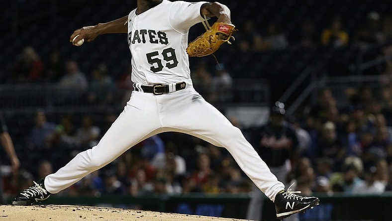 Aug 22, 2022; Pittsburgh, Pennsylvania, USA; Pittsburgh Pirates starting pitcher Roansy Contreras (59) pitches against the Atlanta Braves during the second inning at PNC Park. Mandatory Credit: Charles LeClaire-USA TODAY Sports