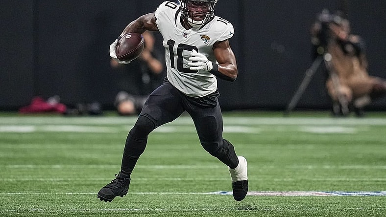Aug 27, 2022; Atlanta, Georgia, USA; Jacksonville Jaguars wide receiver Laviska Shenault Jr. (10) runs after a catch against the Atlanta Falcons during the first half at Mercedes-Benz Stadium. Mandatory Credit: Dale Zanine-USA TODAY Sports