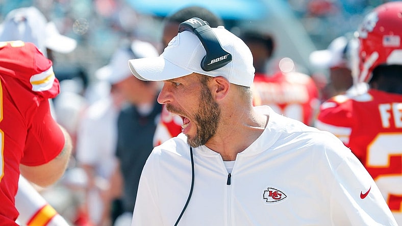 Sep 8, 2019; Jacksonville, FL, USA; Kansas City Chiefs linebackers coach Britt Reid talks to his players during the second half against the Jacksonville Jaguars at TIAA Bank Field. Mandatory Credit: Reinhold Matay-USA TODAY Sports