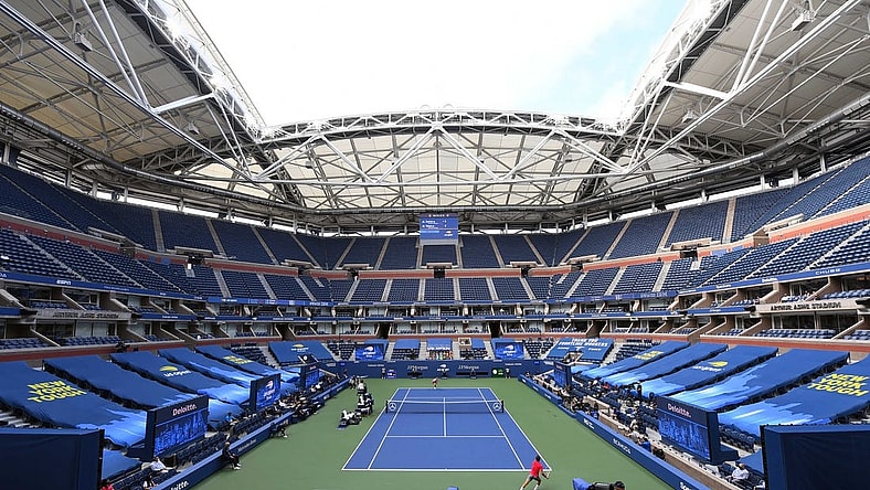 Sep 13, 2020; Flushing Meadows, New York, USA; General view of Arthur Ashe Stadium during the Dominic Thiem of Austria match against Alexander Zverev of Germany in the men's singles final match on day 14 of the 2020 U.S. Open tennis tournament at USTA Billie Jean King National Tennis Center. Mandatory Credit: Robert Deutsch-USA TODAY Sports
