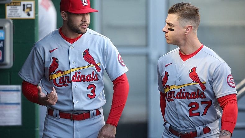 Apr 30, 2021; Pittsburgh, Pennsylvania, USA;  St. Louis Cardinals right fielder Dylan Carlson (3) and left fielder Tyler O'Neill (27) talk in the dugout  before playing the Pittsburgh Pirates at PNC Park. Mandatory Credit: Charles LeClaire-USA TODAY Sports