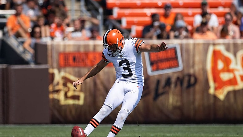 Aug 22, 2021; Cleveland, Ohio, USA; Cleveland Browns kicker Chase McLaughlin (3) kicks the ball off against the New York Giants during the third quarter at FirstEnergy Stadium. Mandatory Credit: Scott Galvin-USA TODAY Sports