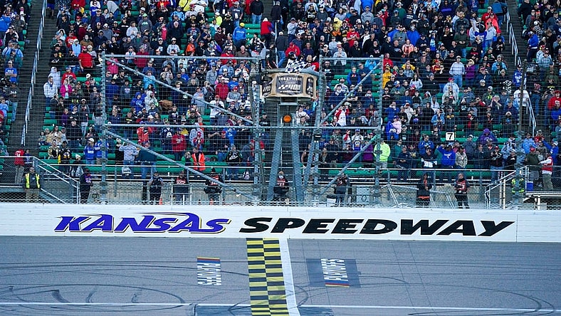 Oct 24, 2021; Kansas City, Kansas, USA; A general view of the finish line during the Hollywood Casino 400 at Kansas Speedway. Mandatory Credit: Denny Medley-USA TODAY Sports
