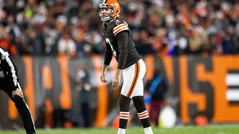 Dec 20, 2021; Cleveland, Ohio, USA; Cleveland Browns kicker Chase McLaughlin (3) lines up for a field goal against the Las Vegas Raiders during the fourth quarter at FirstEnergy Stadium. Mandatory Credit: Scott Galvin-USA TODAY Sports